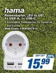 Hama - Reiseadapter, 'EU to US', 1x USB-A, 1x USB-C, Kompakter Reisestecker für Reisende aus Europa Web-Code: 12490567410