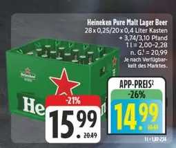 Heineken - Pure Malt Lager Beer 28 x 0,25/20 x 0,4 Liter Kasten