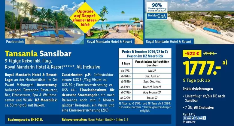 Royal - Tanzania Sansibar 9-tägige Reise inkl. Flug
