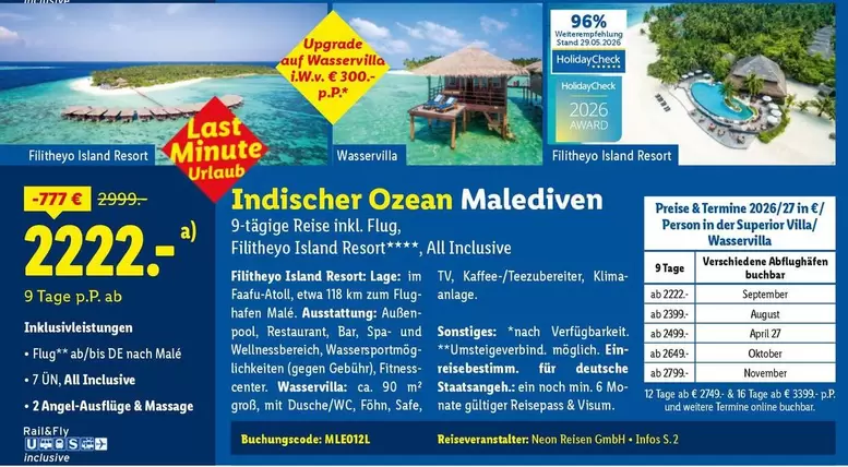 Indischer Ozean Malediven 9-tägige Reise inkl. Flug
