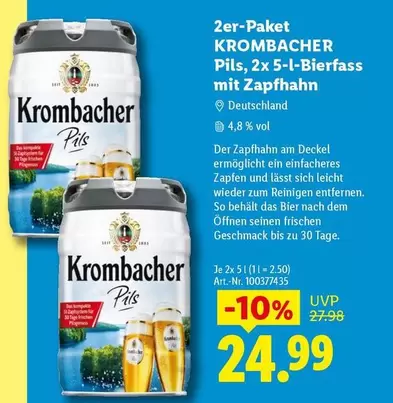 Krombacher - 2er-Paket Pils, 2x 5-l-Bierfass mit Zapfhahn