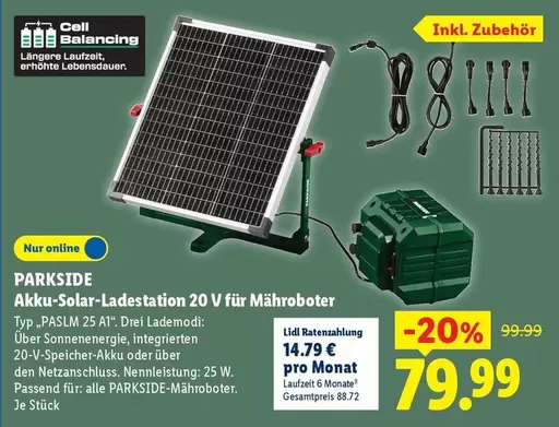 Akku-Solar-Ladestation 20 V für Mähroboter Typ "PASLM 25 AT", Zwei Lademodi: Über Sonnenenergie, integrierten 20-V-Speicher-Akku oder über den Netzanschluss. Nennleistung: 25 W. Passend für: alle PARKSIDE-Mähroboter.