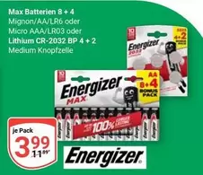 Energizer - Max Batterien 8 + 4 Mignon/AA/LR6 oder Micro AAA/LR03 oder Lithium CR-2032 BP 4 + 2 Medium Knopfzelle