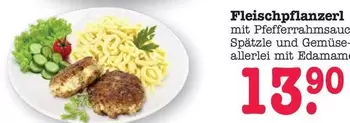 Fleischpflanzerl mit Pfefferrahmsoße, Spätzle und Gemüseallerlei mit Edamame