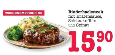 Rinderhacksteak mit Bratensauce, Salzkartoffeln und Spinat