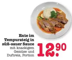 Ente im Tempurateig in süß-sauer Sauce mit knackigem Gemüse und Duftreis