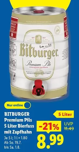 Bitburger - Premium Pils 5 Liter Bierfass mit Zapfhahn