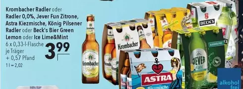 Krombacher - Radler oder Radler 0,0%, Jever Fun Zitrone, Astra Kiezmische, König Pilsener Radler oder Beck's Bier Green Lemon oder Ice Lime&Mint