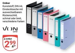 Ordner Kunststoff, DIN A4, Einstecktasche mit auswechselbarem Rückenschild, schmal oder breit, verschiedene Farben