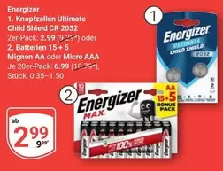 Energizer - Knopfzellen Ultimate Child Shield CR 2032 2er-Pack / Batterien Mignon AA oder Micro AAA