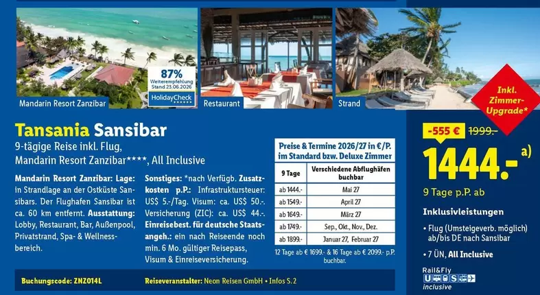 Deluxe - Tanzania Sansibar 9-tägige Reise inkl. Flag, Mandarin Resort Zanzibar, All Inclusive