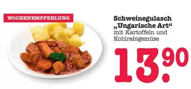Schweinegulasch „Ungarische Art“ mit Kartoffeln und Kohlrabigemüse