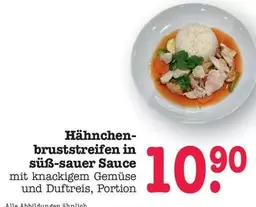 Hähnchenbruststreifen in süß-sauer Sauce mit knackigem Gemüse und Duftreis