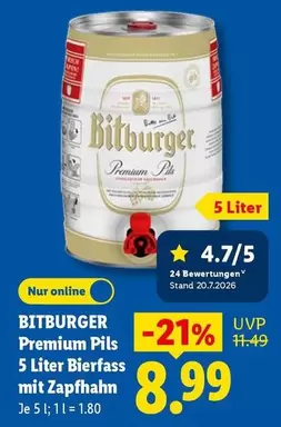 Bitburger - Premium Pils 5 Liter Bierfass mit Zapfhahn