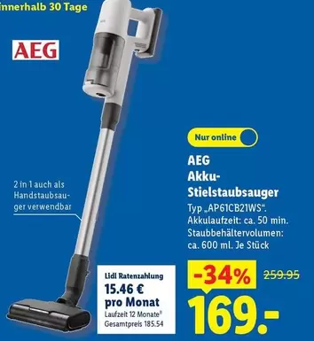 AEG - Akku-Stielstaubsauger Typ "AP61CB21WS"
