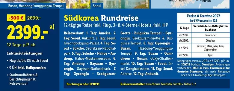 Hp - Südkorea Rundreise 12-tägige Reise inkl. Flug, 3- & 4-Sterne-Hotels, inkl. HP