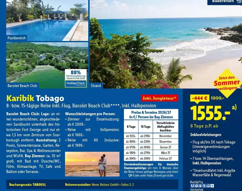 Karibik Tobago 8-tägige Reise inkl. Flug, Bacole Beach Club