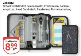 Schnellverstellzirkel, Feinminenstift, Ersatzminen, Radierer, Anspitzer, Lineal, Geodreieck, Parabelsamlung