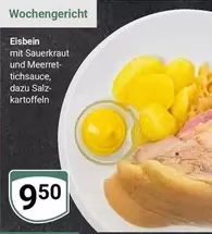 Eisbein mit Sauerkraut und Meerrettichsauce, dazu Salzkartoffeln