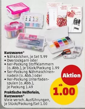 Nähkästchen, Overlockgarn, Stoffklammern, Nähmaschinennadeln, Unterfadenspulen