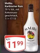 Malibu - Karibischer Rum 18 % Vol., mit Kokosnussgeschmack