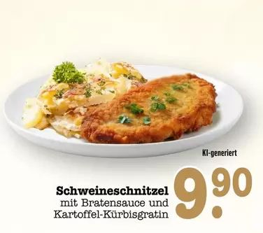 Schweineschnitzel mit Bratensauce und Kartoffel-Kürbisgratin