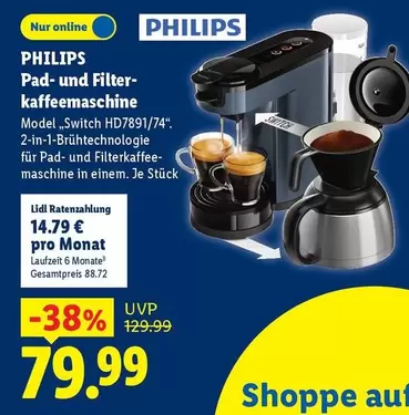 Philips - Pad- und Filter-Kaffeemaschine Model "Switch HD7891/74"