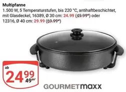Multipfanne 1.500 W, 5 Temperaturstufen, bis 220 °C, antihaftbeschichtet, mit Glasdeckel, 16389, Ø 30 cm oder 12316, Ø 40 cm