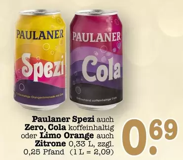 Paulaner - Spezi Zero, Cola koffeinhaltig oder Limo Orange auch Zitrone