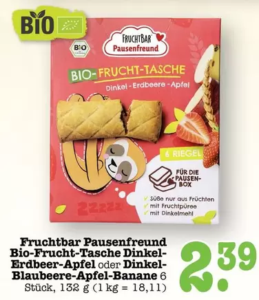 Bio - -Frucht-Tasche Dinkel-Erdbeer-Apfel oder Dinkel-Blaubeere-Apfel-Banane