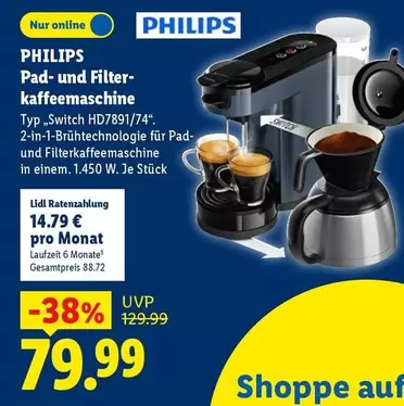 Philips - Pad- und Filter-Kaffeemaschine Typ "Switch HD7891/74"