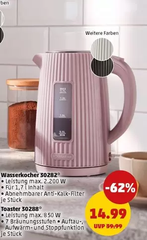 Wasserkocher 30282
Leistung max. 2.200 W
Für 1,7 l (Inhalt)
Abnehmbarer Anti-Kalk-Filter je Stück
Toaster 30288
Leistung max. 850 W
7 Bräunungsstufen
Auftau-, Aufwärm- und Stoppfunktion je Stück
