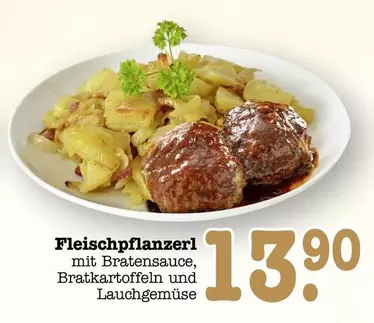 Fleischpflanzerl mit Bratensauce, Bratkartoffeln und Lauchgemüse