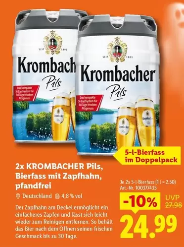 Krombacher - 2x Pils, Bierfass mit Zapfhahn
