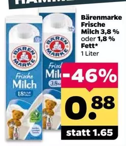 Frische Milch 3,8 % oder 1,8 % Fett