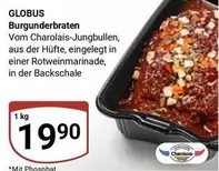 Burgunderbraten Vom Charolais-Jungbullen, aus der Hüfte, eingelegt in einer Rotweinmarinade, in der Backschale