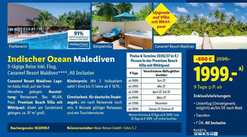 Whirlpool - Indischer Ozean Malediven 9-tägige Reise inkl. Flug, Canareef Resort Maldives, All Inclusive