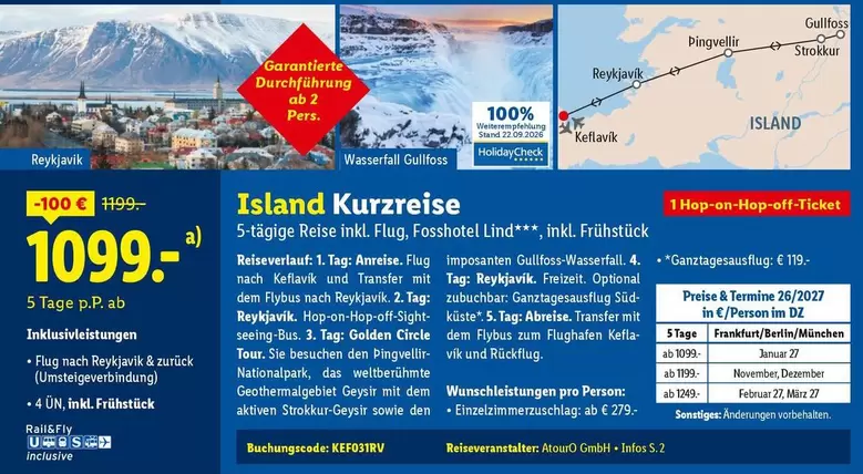 Island Kurzreise 5-tägige Reise inkl. Flug, Fostelhotel Und inkl. Frühst