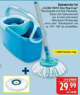 Bodenwischer-Set "CLEAN TWIST Disc Mop Ergo" Teleskopstiel mit Drill-Mechanik, Eimer mit Schleudersieb (ca. 6 Liter) und einem Mikrofaser-Wischmopp "micro duo"