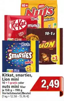 Kitkat, smarties, Lion mini or nuts mini