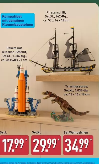 Pirateschiff, Set XL, 942-tlg. / Rakete mit Teleskop-Stellit, Set XL, 1.316-tlg. / Tyrannosaurus, Set XL, 1.039-tlg.