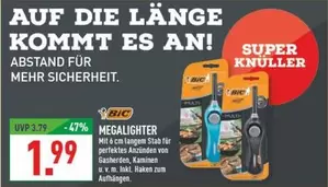Bic - MEGALIGHTER Mit 6 cm langem Stab für perfektes Anzünden von Gasherden, Kaminen u.v.m. inkl. Haken zum Aufhängen
