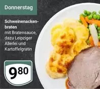 Schweinenackenbraten mit Bratensoße, dazu Leipziger Allerlei und Kartoffelgratin