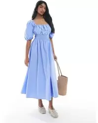 Puff Sleeve Milkmaid Style Midi Dress - Blue