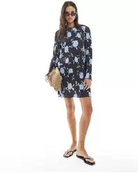 Long Sleeve Plisse Mini Dress - Blue