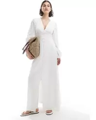 Crinkle Cotton Blouson Sleeve Boho Maxi Dress - White