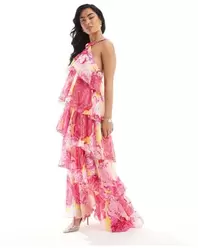 Felicia Halter Neck Tiered Maxi Dress With Corsage Detail - Pink