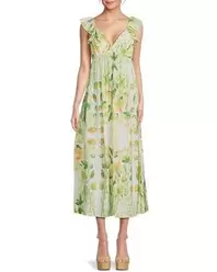 Josie Floral Ruffle-Trim Midi-Dress - Green