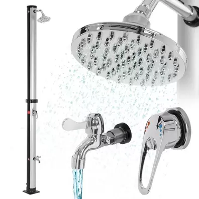 ML-Design Solardusche 20 L 210cm rund mit Fußdusche und Regenduschkopf, Silber-Schwarz, warmes Wasser, 60°C ohne Stromanschluss, mit Gartenschlauch-Anschluss, Solar Gartendusche Außendusche Pooldus...