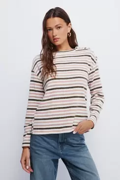 Gestreiftes Chenille- T-Shirt mit Streifen Knöpfe